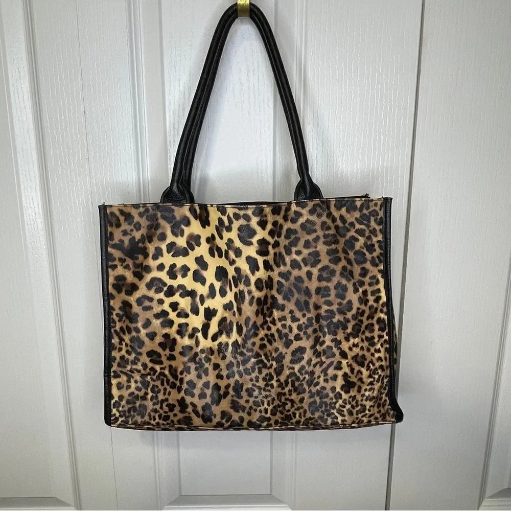 Neiman Marcus Leopard Print Tote Bag Black Tan Brown